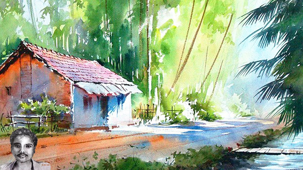 1280x720 Watercolor Painting For Beginners Forest House Drawing - House Painting Drawing