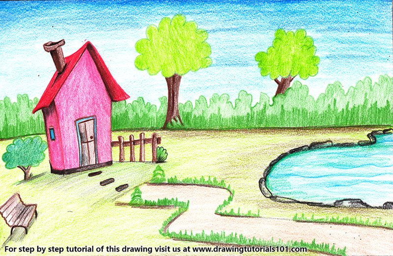 800x521 House With Garden And Pool Scene Colored Pencils - House Pencil Drawing