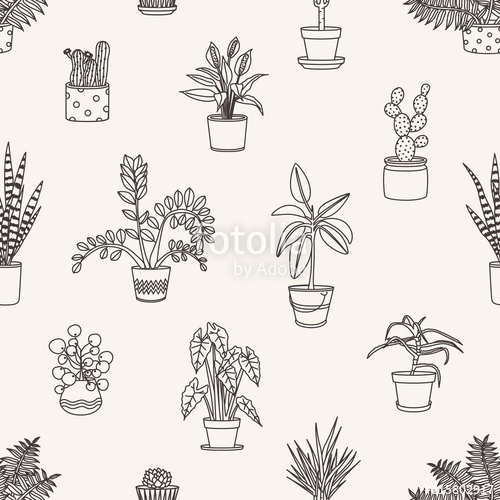 500x500 Monochrome Seamless Pattern With Potted Plants Drawn With Contour - House Plant Drawing