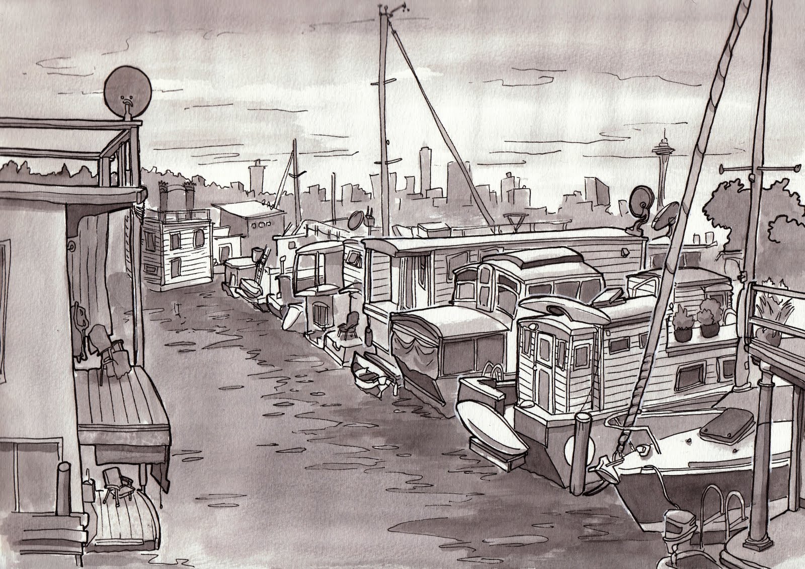 1600x1131 urban sketchers seattle view from elizabeth's houseboat - Houseboat Drawing
