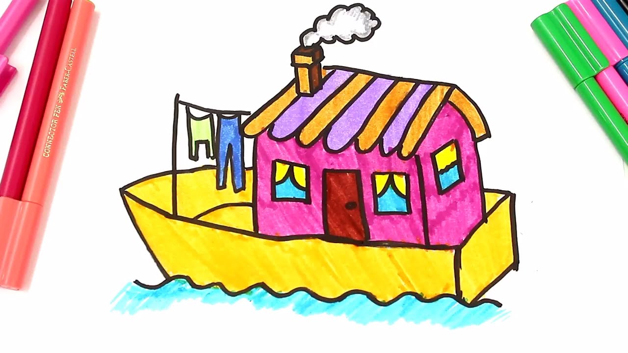 1280x720 drawing and colouring a boat house, learn types of houses - Houseboat Drawing