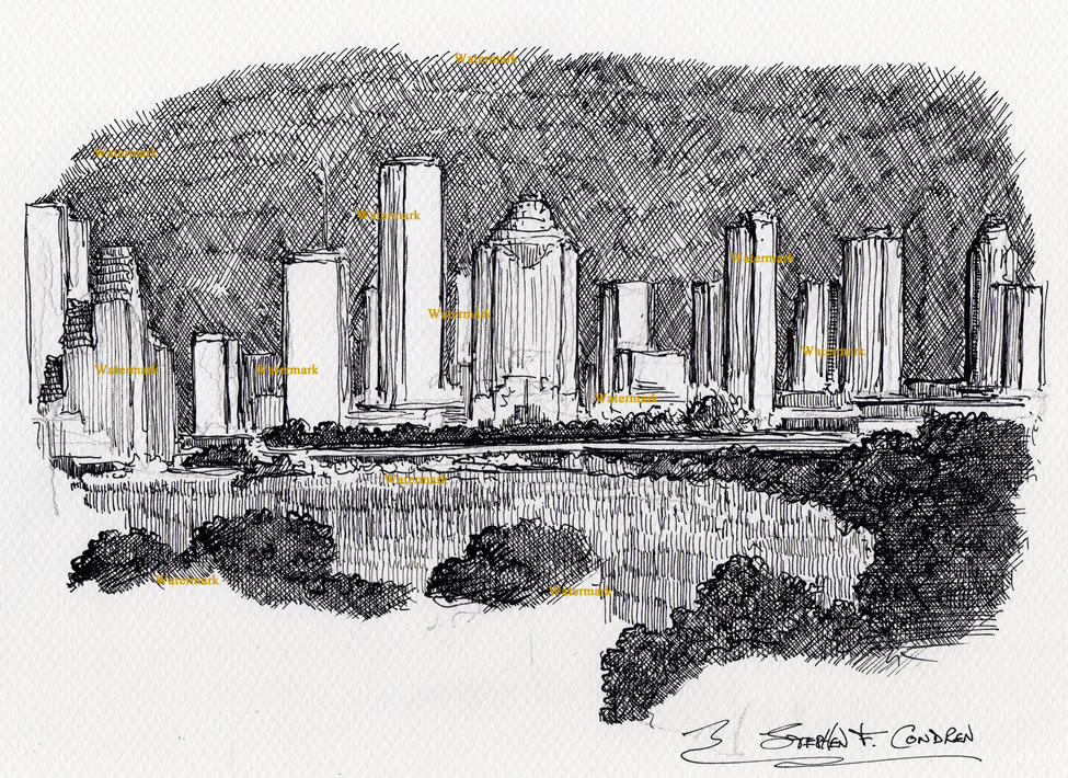 975x710 houston skyline pen ink drawing of downtown as seen - Houston Skyline Drawing