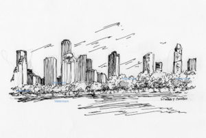 300x202 Skyline Pen Ink Drawing Of Downtown Houston For Sale - Houston Skyline Drawing