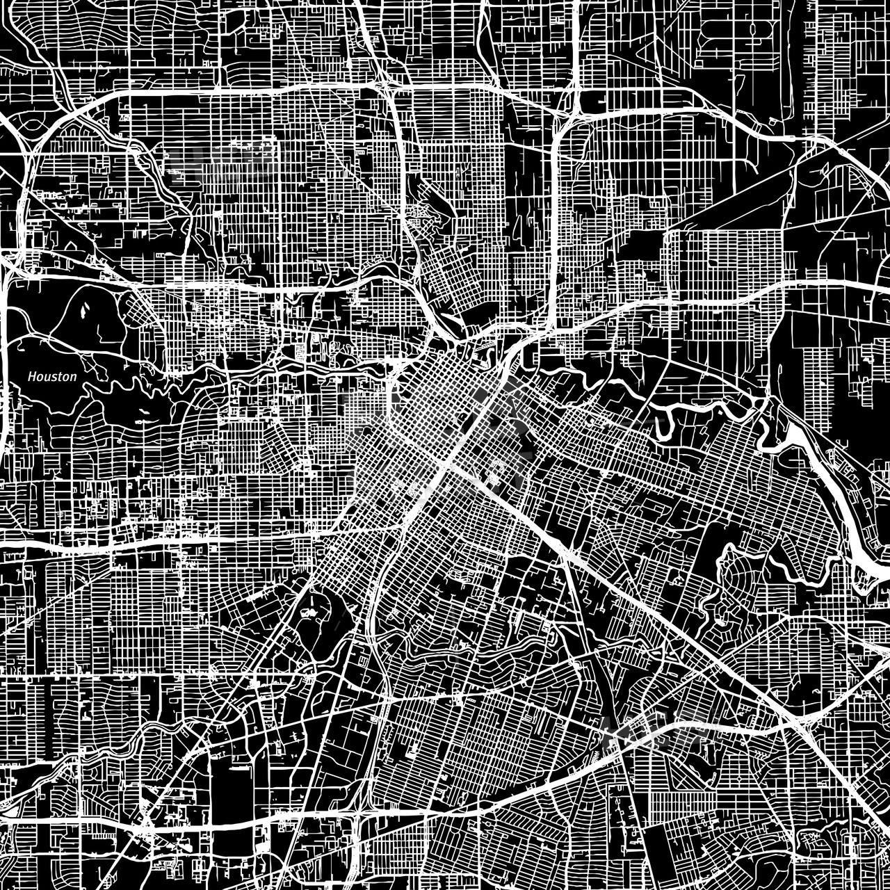 1280x1280 Houston, Texas, Downtown Map, Dark Hebstreits Sketches - Houston Texas Drawings