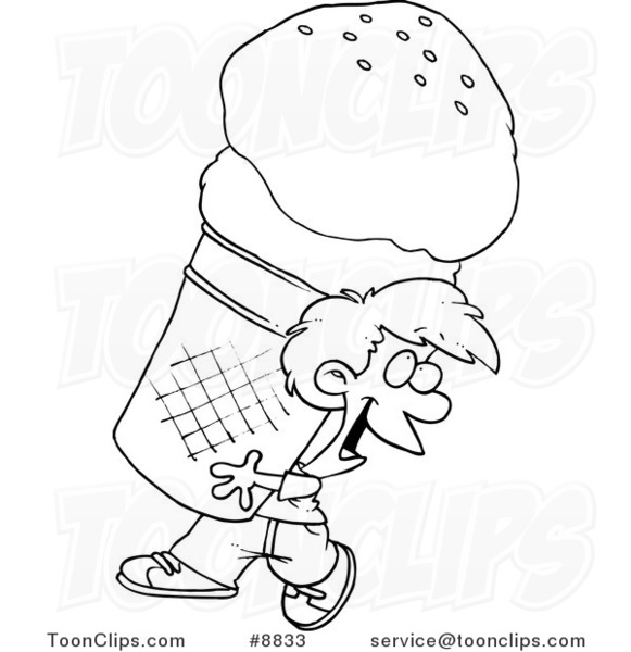 581x600 cartoon black and white line drawing of a boy carrying a huge ice - Huge Drawing