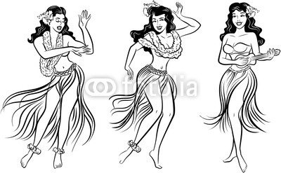 400x247 black and white group of retro pop art hawaiian hula girl dancing - Hula Dancer Drawing