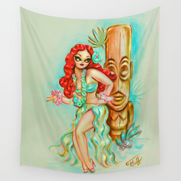 700x700 redhead hula girl with tiki wall tapestry - Hula Girl Drawing