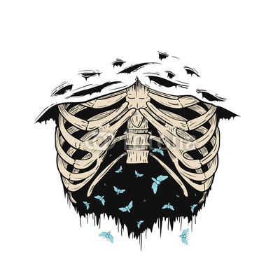 400x400 Human Ribs Or Rib Cage With Flying Moths In Retro Vintage Style - Human Ribs Drawing