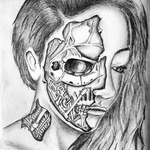 600x600 Half Human Half Robot Drawing Pic Drawing Skill - Human Robot Drawing
