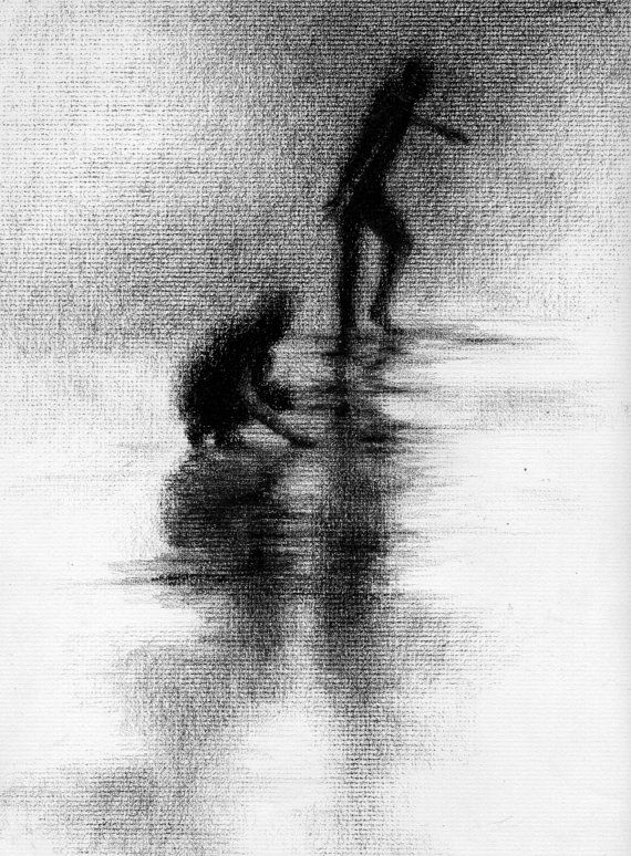 570x774 Haunting Figure Drawing Water Wading Gothic Haunting Moody Shadow - Human Shadow Drawing