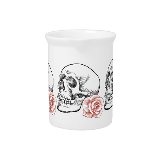 540x540 Human Skull With Red Rose Line Drawing Drink Pitcher - Human Skull Line Drawing
