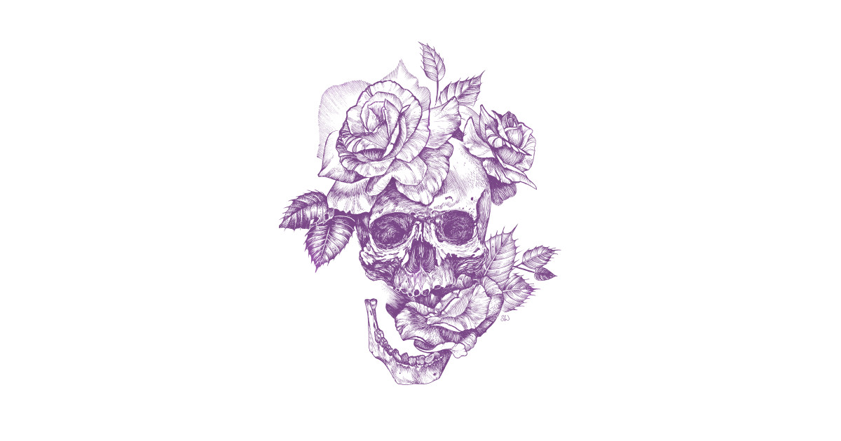 1200x630 Purple Line Art Skull And Roses - Human Skull Line Drawing