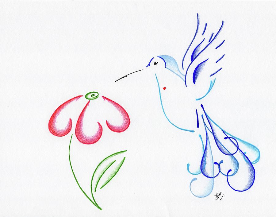 900x707 Hummingbird With Flower Drawing - Hummingbird Flower Drawing