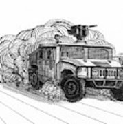 179x180 ink drawing of a humvee driving art print - Humvee Drawing