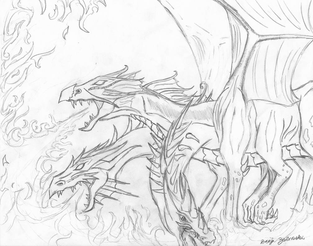 Three Headed Hydra Breathing Fire - Hydra Dragon Drawing. 