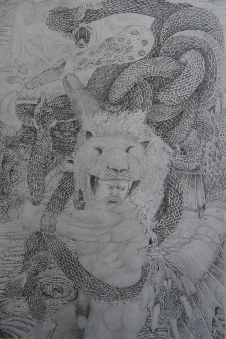 770x1155 The Demigod Heracles Overwhelms The Dreaded Hydra Drawing - Hydra Drawing