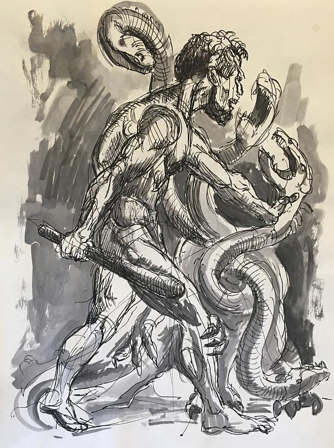 672x900 Hercules And The Hydra Drawing - Hydra Drawing