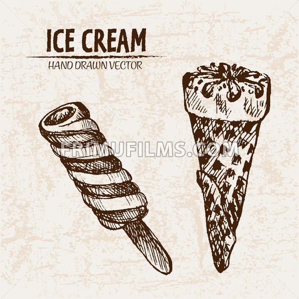 600x600 digital vector detailed line art ice cream in waffle cone and hand - Ice Cream Cone Line Drawing