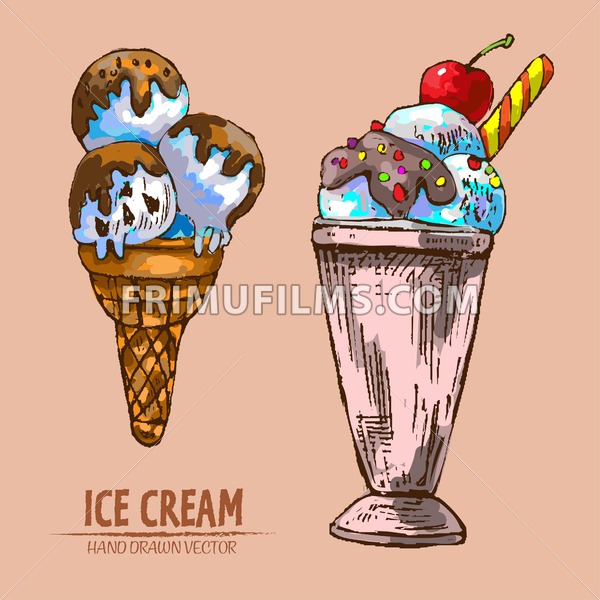 600x600 Digital Vector Detailed Line Art Ice Cream In Waffle Cones Hand - Ice Cream Cone Line Drawing