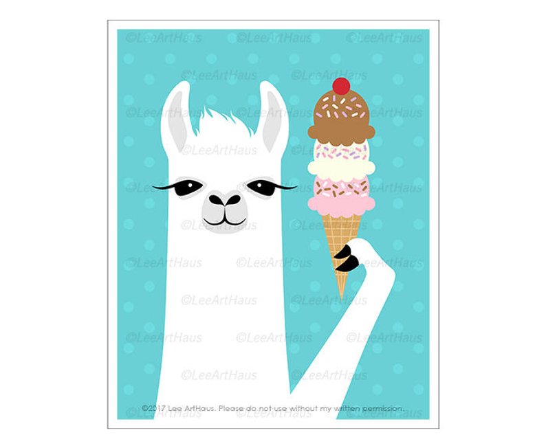 794x652 Food Art Llama Eating Ice Cream Cone Wall Art Funny Etsy - Ice Cream Drawing For Kids