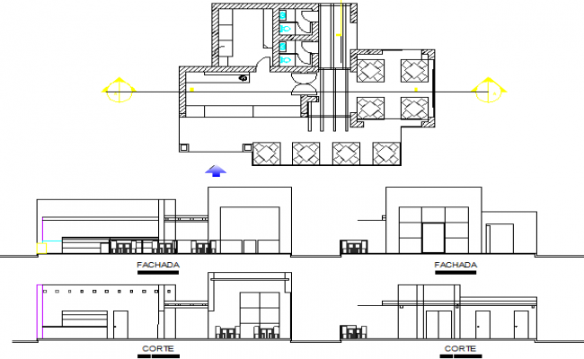 650x400 Ice Cream Shop All Sided Elevation And Plan Details Dwg - Ice Cream Shop Drawing