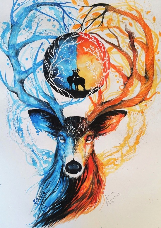 550x779 Drawing Illustration Art Wolf Painting Sky Design Ice Moon Fire - Ice Drawing