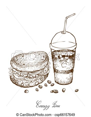 365x470 hand drawn of whole grain bread sandwich with iced coffee energy - Iced Coffee Drawing