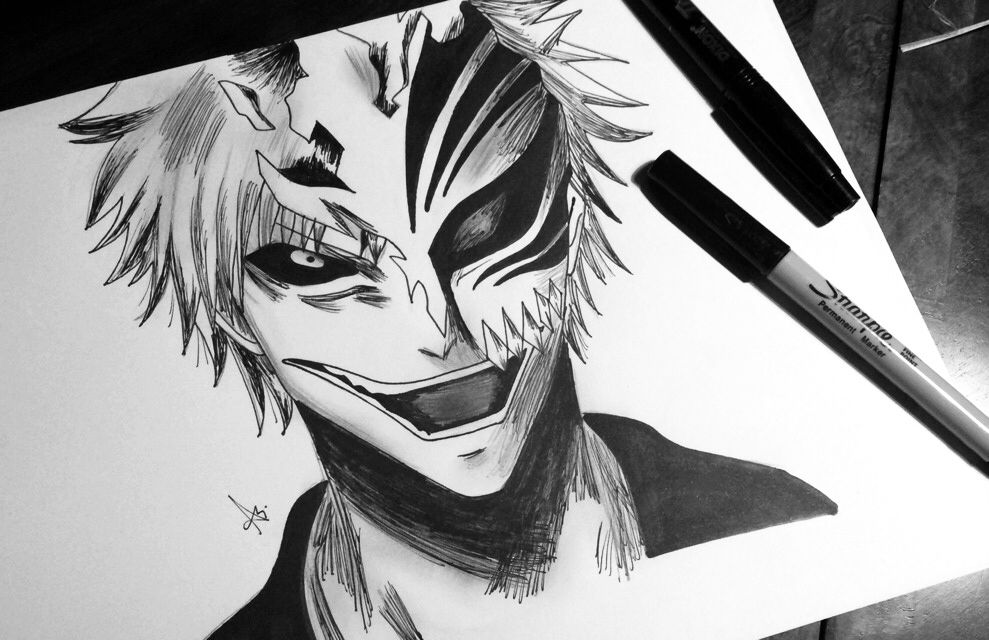 989x640 Bleach Ichigo Hollow Drawing Ink Illustration Art Hichigo - Ichigo Hollow Drawing