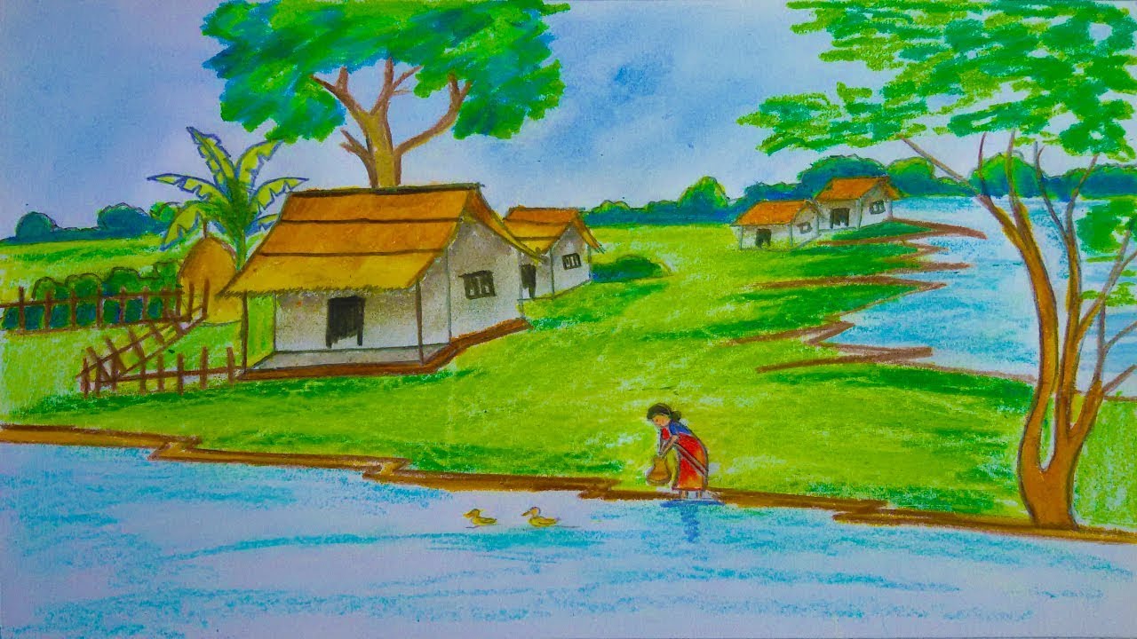 1280x720 How To Draw An Ideal Scenery Of Village Step - Ideal Drawing