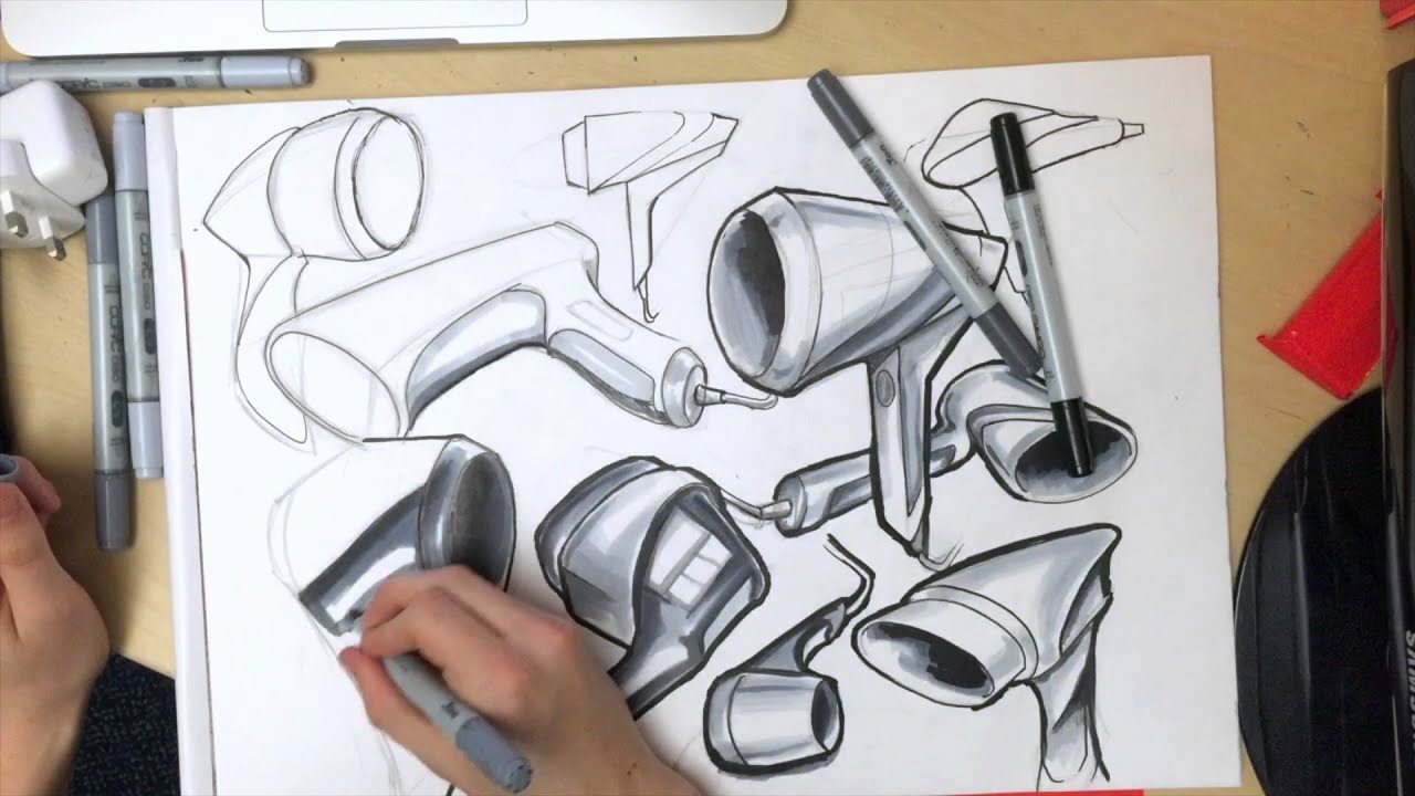 1280x720 product design drawing time lapse of hair dryer ideation - Ideation Drawing