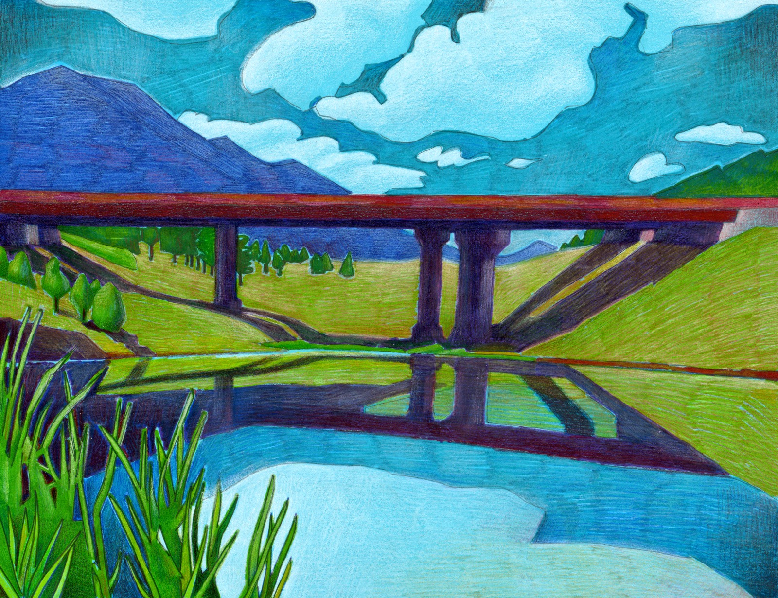 1600x1230 Impression Evergreen The Red Bridge - Impression Drawing