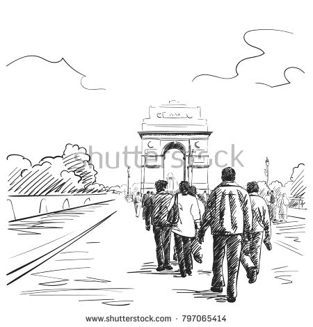 450x470 sketch of people walking on rajpath road towards the war memorial - India Gate Drawing
