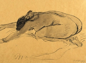 300x220 Max Pechstein, India Ink Drawing Onbrown Lot Art - India Ink Drawing