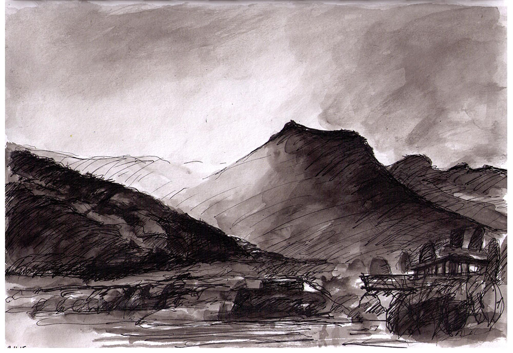 1000x689 Mountain Scene In Bhutan Drawing In Ballpoint Pen And India Ink - India Ink Drawing