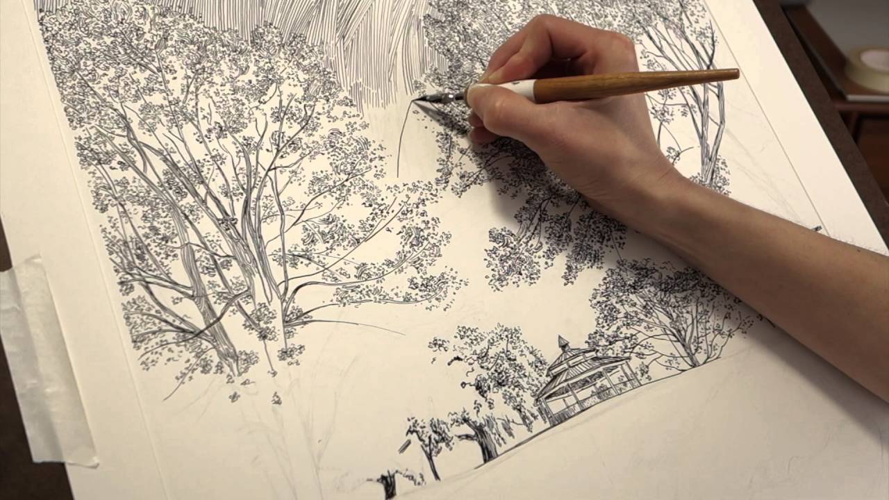 1280x720 time lapse drawing dip pen, india ink, landscape - India Ink Drawing