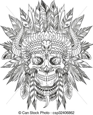 378x470 indian chief skull skull of native american in chief headdress - Indian Chief Drawing