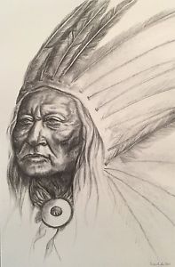 197x300 Native American Indian Chief Print From Original Pencil Graphite - Indian Chief Drawing