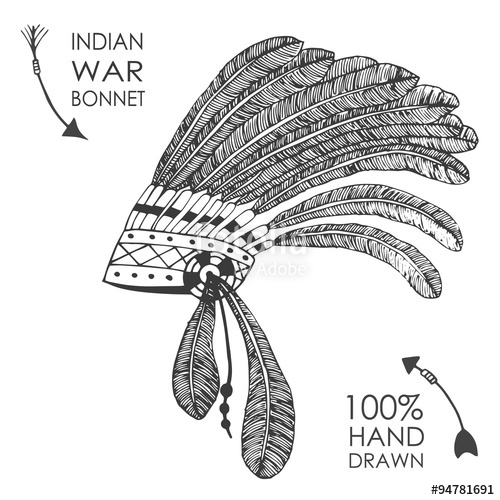500x500 Hand Drawn Native American Indian Chief Headdress With Feathers - Indian Chief Headdress Drawing