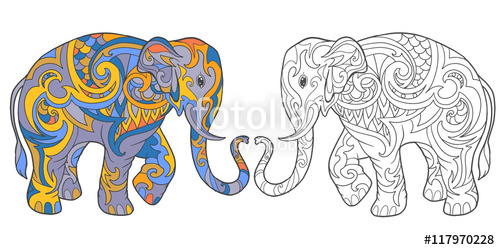 500x250 Hand Drawing For Adult Color Book, Elephant Page Linear Outline - Indian Elephant Drawing Color