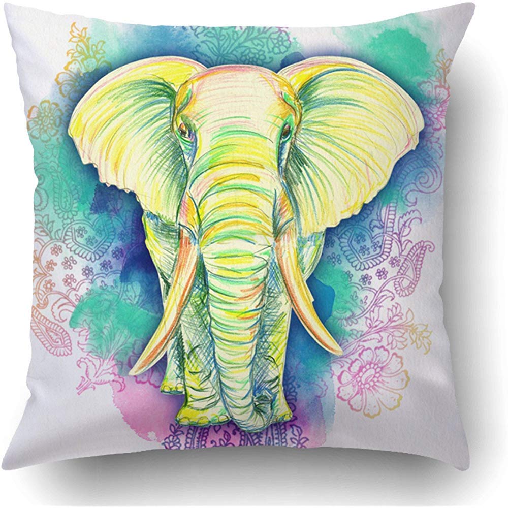 1000x1000 Throw Pillow Covers Indian Drawn Elephant Color - Indian Elephant Drawing Color