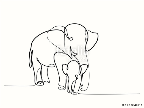 500x375 Continuous One Line Drawing Elephant With Baby Symbol Logo - Indian Elephant Line Drawing