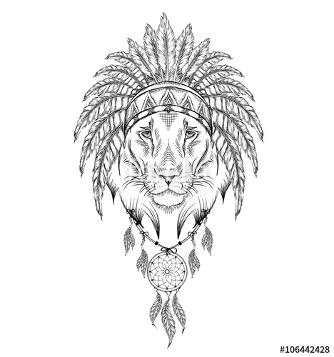 468x500 Lion In The Indian Roach Indian Feather Headdress Of Eagle Hand - Indian Feathers Drawing
