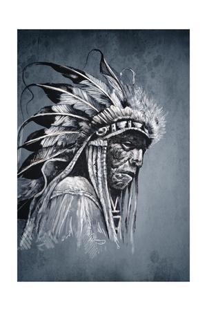 300x450 Native American Indian Head, Chief, Vintage Style Art Print - Indian Head Drawing