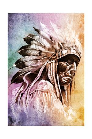 300x450 Sketch Of Tattoo Art, Indian Head Over Colorful Background Art - Indian Head Drawing