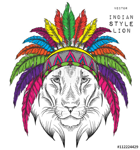 468x500 lion in the indian roach indian feather headdress of eagle hand - Indian Headdress Drawing