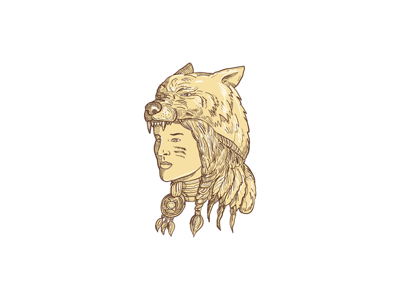 800x600 Native American Woman Wearing Wolf Headdress - Indian Headdress Drawing