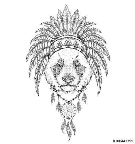 468x500 panda in the indian roach indian feather headdress of eagle hand - Indian Headdress Drawing
