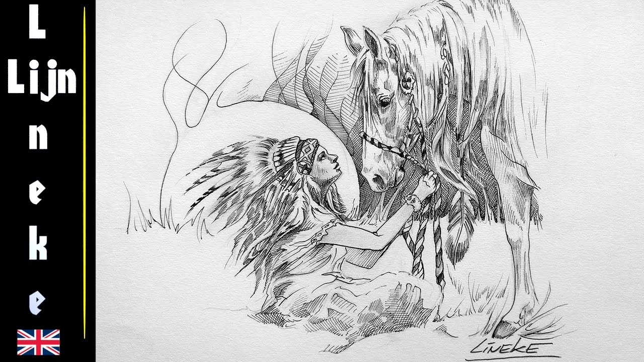 1280x720 How To Draw An Indian Girl And Horse In Ink Step - Indian Horse Drawings