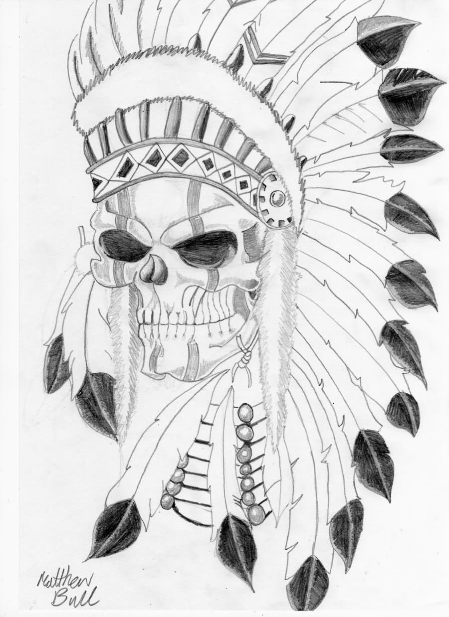Indian Skull With Feather Headdress Tattoo Design - Indian Skull Drawing. 