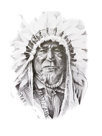 338x450 Tattoo Sketch Of Native American Indian Chief, Hand Made Art Print - Indian Tattoo Drawings